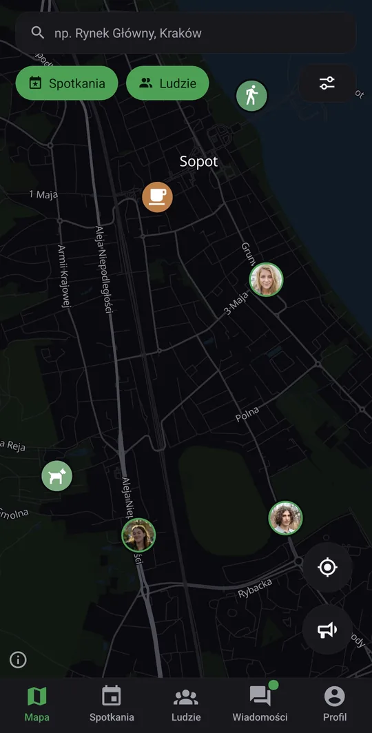 Map with meetup pins and photos of available people