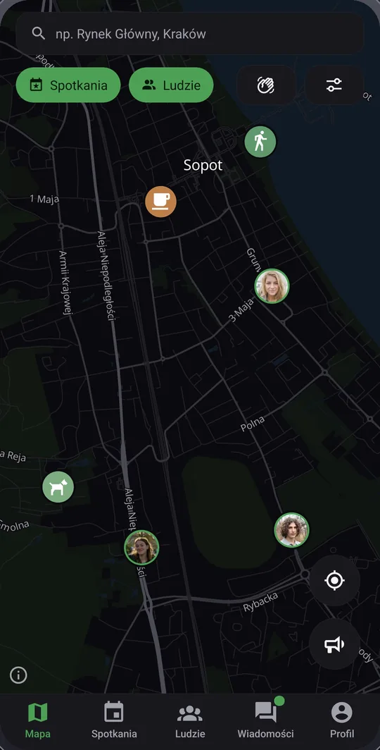 Mapa z pinezkami spotkań i zdjęciami dostępnych osób