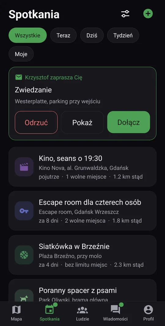 Meetup list in the Poznaj app